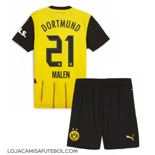 Camisa de Futebol Borussia Dortmund Donyell Malen #21 Equipamento Principal Infantil 2024-25 Manga Curta (+ Calças curtas)